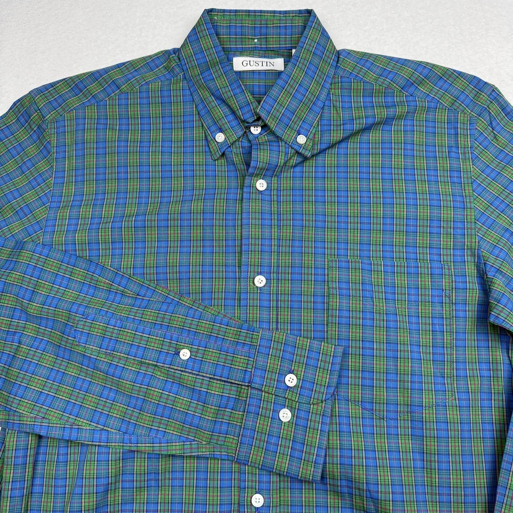 Gustin Shirt Mens Medium Blue Plaid Long Sleeve Button Down Made In USA Cotton